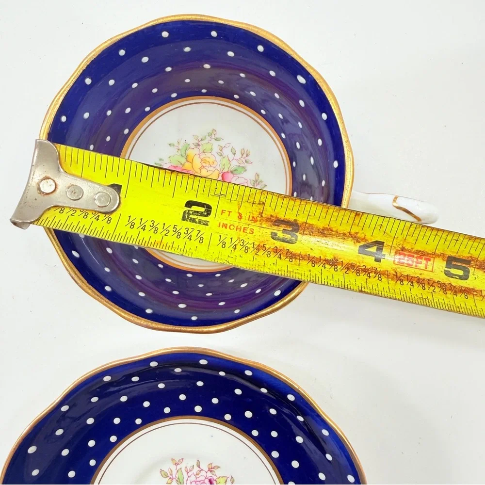 RARE 1930s ROYAL ALBERT TEACUP CUP & SAUCER, COBALT BLUE POLKA JEWELED WHITE DOT